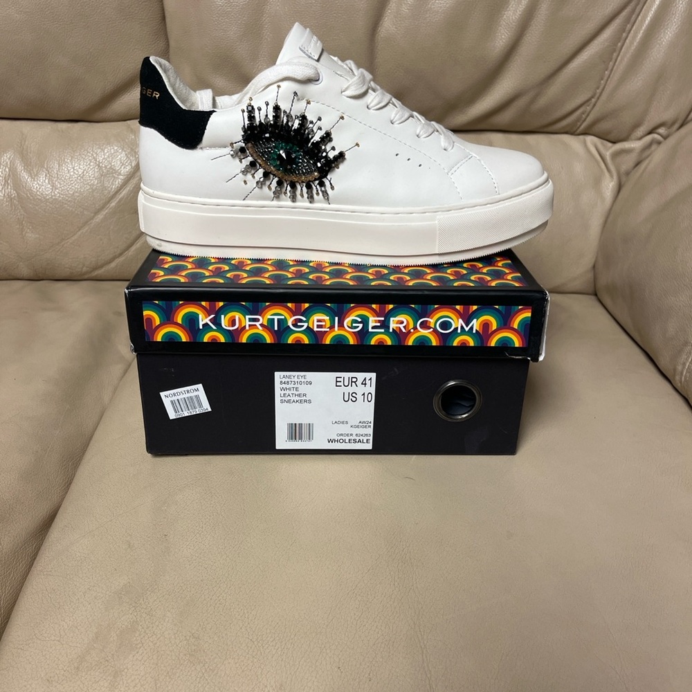 Kurt Geiger White Sneakers with Black and Green Eye Design